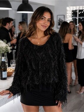 Line + Dot Black Shaggy Fringe Eyelash Knit Sweater, One Size